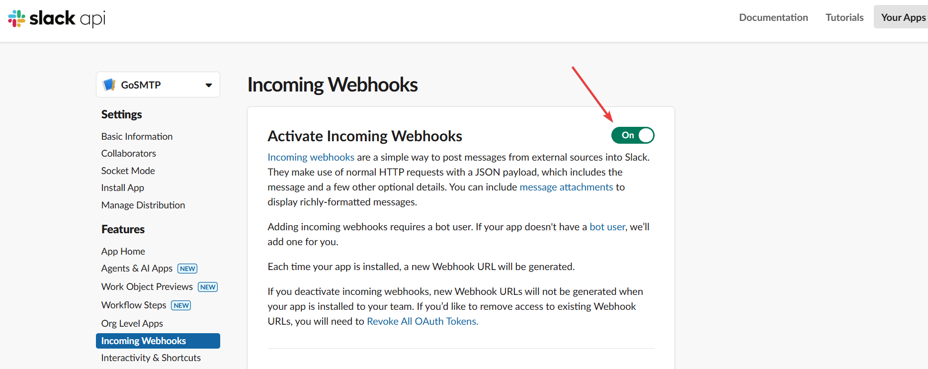 Slack App Incoming Webhook enabled